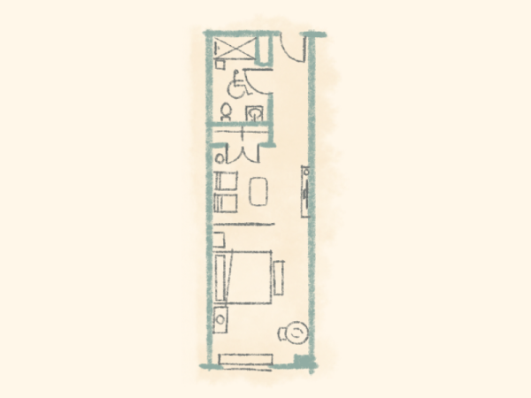 A vertical blueprint-like drawing of a small apartment layout with rooms, furniture, and fixtures on a light beige background.