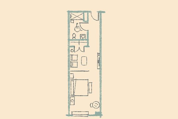 A simple floor plan showing a narrow layout with a bedroom, bathroom, and small living area, including a kitchen space, all arranged in a line.