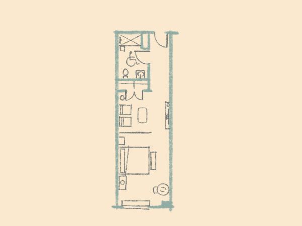 A simple floor plan showing a narrow layout with a bedroom, bathroom, and small living area, including a kitchen space, all arranged in a line.