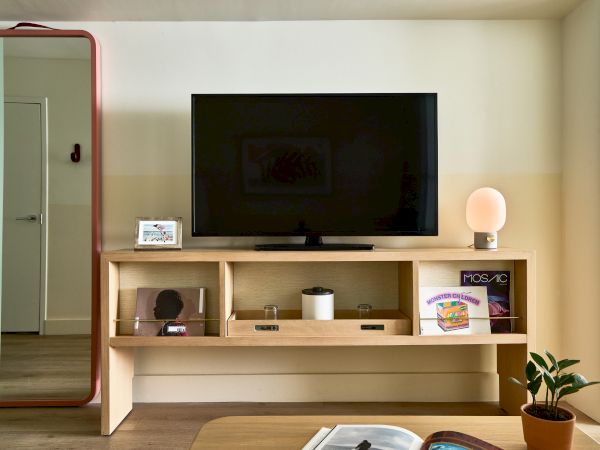 A flat-screen TV on a wooden console with a few decor items, a tall mirror on the left, and a small plant to the right of the shelf, in a cozy living room.