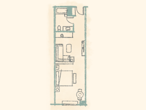 A narrow apartment floor plan with a corridor, small kitchen, bathroom, and two rooms; simple blue-green lines on a beige background.