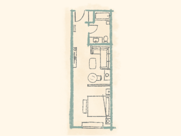 A narrow apartment floor plan showing a living area, kitchen, bathroom, and bedroom arranged along a central corridor.
