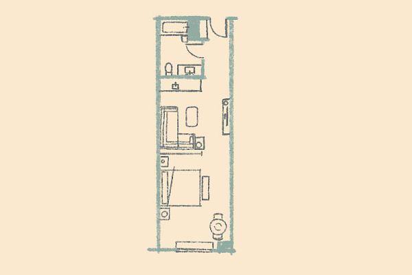 This image depicts a simple, vertical floor plan layout with a bedroom, bathroom, living area, and kitchen in a narrow arrangement.