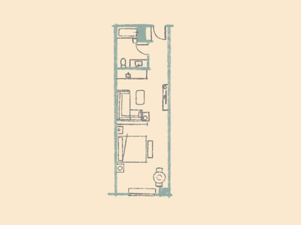 This image depicts a simple, vertical floor plan layout with a bedroom, bathroom, living area, and kitchen in a narrow arrangement.