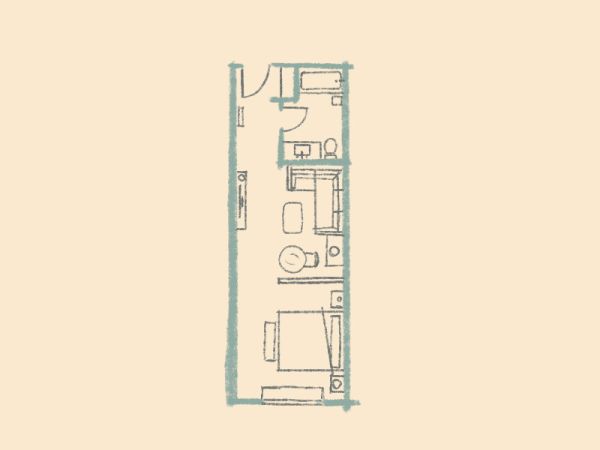This image shows a simple floor plan for a small living space, including a bed, sofa, bathroom, and kitchenette layout.