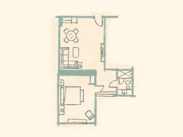 A simple apartment floor plan with a living area, dining space, bedroom, kitchen, and bathroom, sketched in mint lines on a pale background.