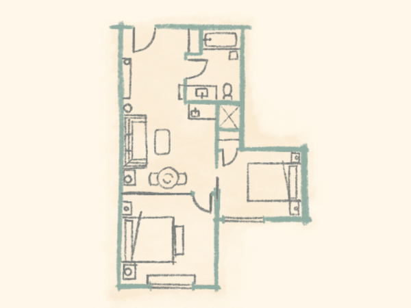 A small apartment floor plan sketch with two bedrooms, a bathroom, kitchen, and living area, drawn in teal on a pale background. ends.