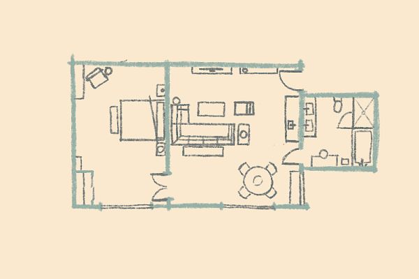 This image shows a simple floor plan with a bedroom, living area, kitchen, and bathroom layout on a beige background.