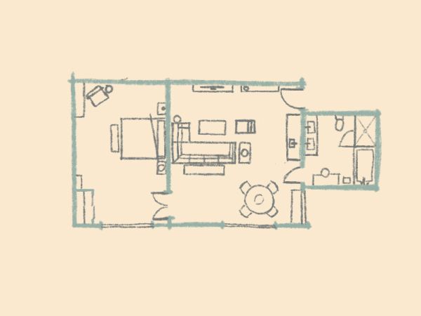This image shows a simple floor plan with a bedroom, living area, kitchen, and bathroom layout on a beige background.