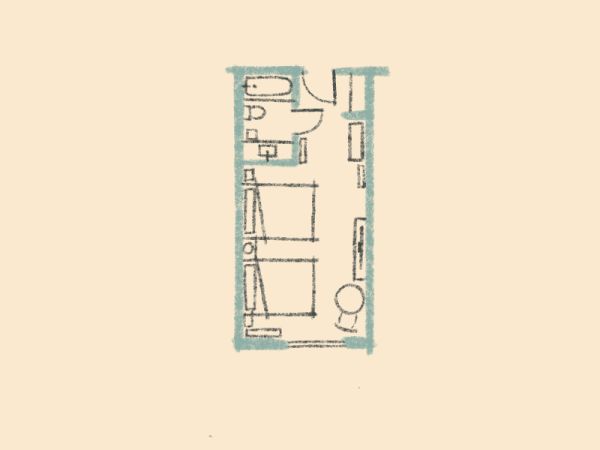 A simple architectural floor plan featuring a furniture layout with a bed, desk, and other elements in a compact rectangular space.
