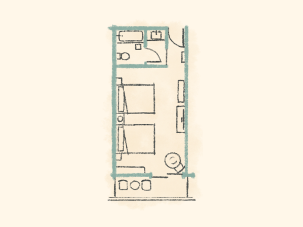 A small apartment layout with a kitchen, a couple of rooms, a bathroom, and a door at the right; simple, schematic floor plan.
