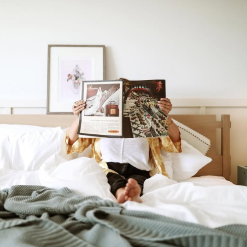A cozy bedroom with a bed, fluffy pillows, a cat on the blanket, framed art on the wall, and a person reading beside a plant-filled nightstand.