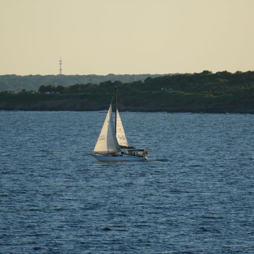 A lone sailboat glides across calm blue waters near a distant, leafy shoreline at sunset.