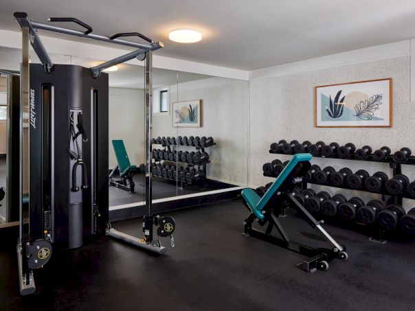A compact gym with a cable machine, free weights on a rack, a bench press, and a mirrored wall, all in a tidy, well-lit space.