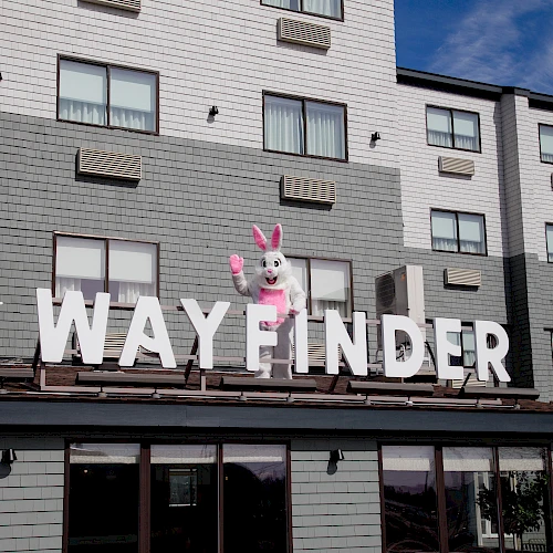 A storefront sign that reads &ldquo;The Wayfinder&rdquo; with a pink bunny statue on top of the letters, in front of a gray building.