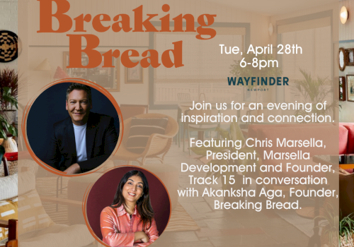 A &ldquo;Breaking Bread&rdquo; event promo flyer over a cozy cafe interior, featuring headshots and event details for Tue, Apr 28th, 6-8pm, Wayfinder.