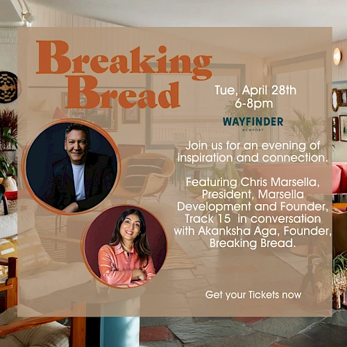 A &ldquo;Breaking Bread&rdquo; event promo flyer over a cozy cafe interior, featuring headshots and event details for Tue, Apr 28th, 6-8pm, Wayfinder.