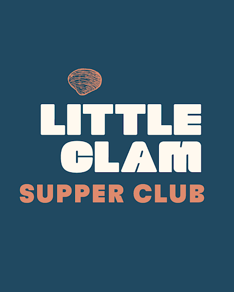 Logo for &ldquo;Little Clam Supper Club&rdquo; with a stylized clam icon, white text on a dark blue background and a drawn fish outline to the right.