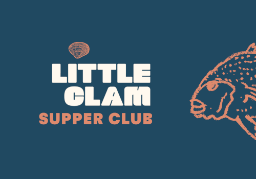 Logo for &ldquo;Little Clam Supper Club&rdquo; with a stylized clam icon, white text on a dark blue background and a drawn fish outline to the right.