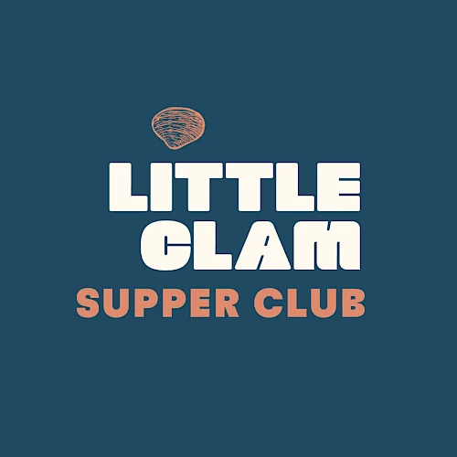 Logo for &ldquo;Little Clam Supper Club&rdquo; with a stylized clam icon, white text on a dark blue background and a drawn fish outline to the right.