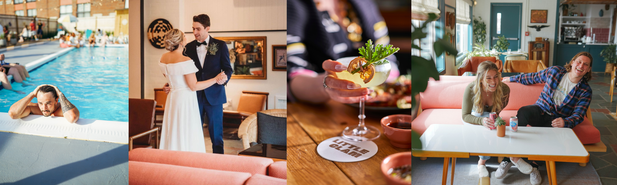 A person at a pool, a couple dancing, a cocktail being served, and two people laughing on a couch at a table.