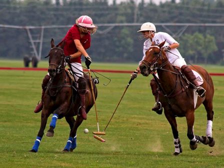 Two polo players on horses are in action, one in a red jersey and the other in white, both focusing on hitting a ball with their mallets.