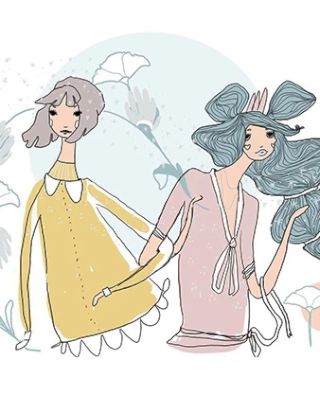 The image features a whimsical illustration of two women with flowing hair and fashionable clothing, set against a pastel background with floral elements.