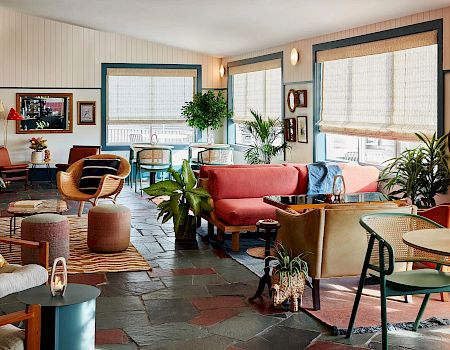 A cozy, well-lit living room features a mix of colorful furniture, plants, and wall decor, with large windows allowing natural light to flood in.