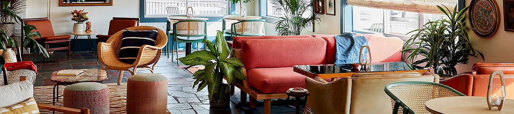 This image shows a cozy, stylish lounge area with modern furniture, potted plants, and large windows letting in natural light.