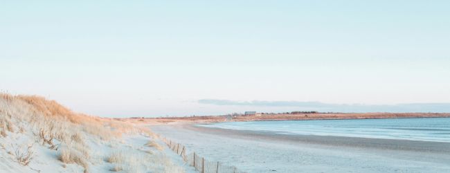 A serene beach scene with sand dunes, sparse vegetation, wooden fencing, and a clear sky in the background, creating a peaceful coastal landscape.