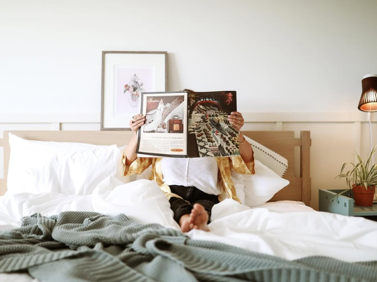 A person is lying in bed under blankets, reading a magazine that hides their face, with a plant and lamp on the bedside table.