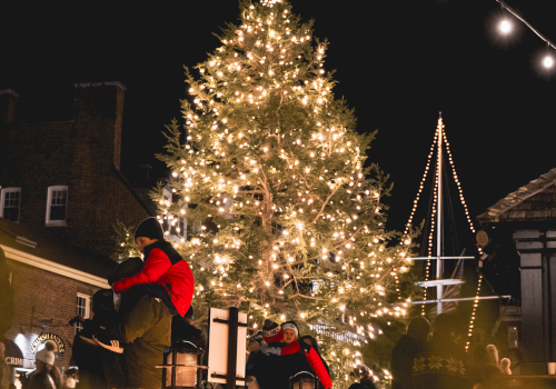 A large, beautifully decorated Christmas tree illuminated with holiday lights at night, surrounded by people bundled up in warm clothing.