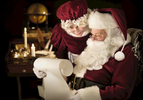 An older couple in festive attire reviews a long list, surrounded by candles and a cozy setting, evoking a holiday atmosphere.