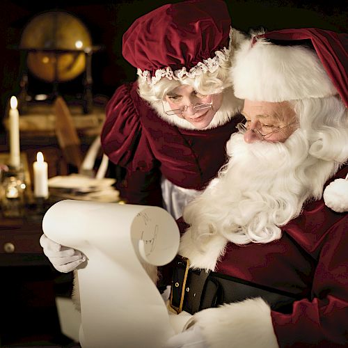 An older couple in festive attire reviews a long list, surrounded by candles and a cozy setting, evoking a holiday atmosphere.