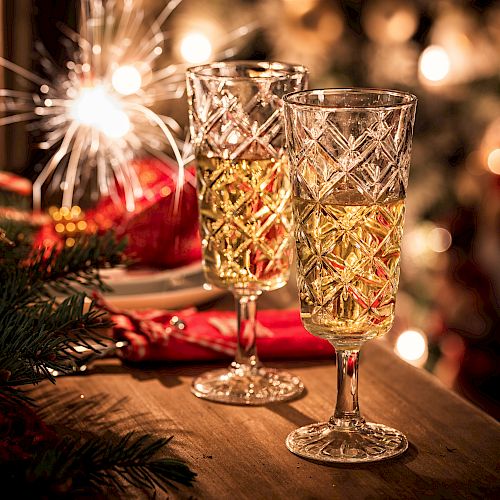 Two elegant crystal glasses filled with a festive drink are on a table, with a sparkling light and Christmas tree in the background.