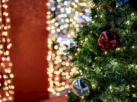 A decorated Christmas tree with red and silver ornaments and blurry festive lights in the background completes the holiday scene.