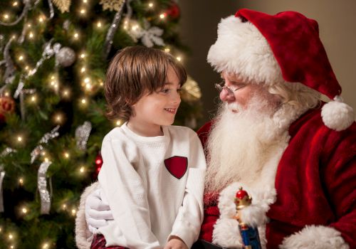 A child sitting with Santa Claus near a decorated Christmas tree, sharing a joyful moment.