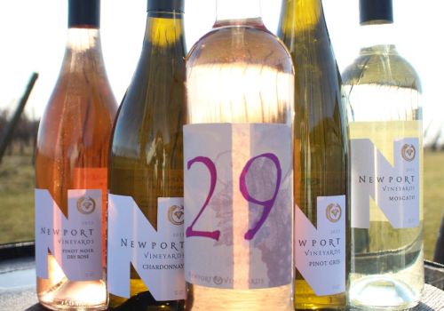 The image shows five wine bottles arranged on a wooden surface outdoors, with labels visible, including one marked with the number "29."