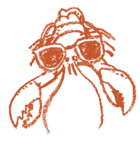 A stylized orange silhouette of a crab wearing sunglasses on a black background.