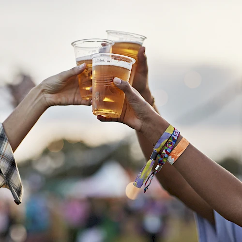 People raising plastic cups of beer in a toast, wearing festival wristbands, with an outdoor setting in the background.