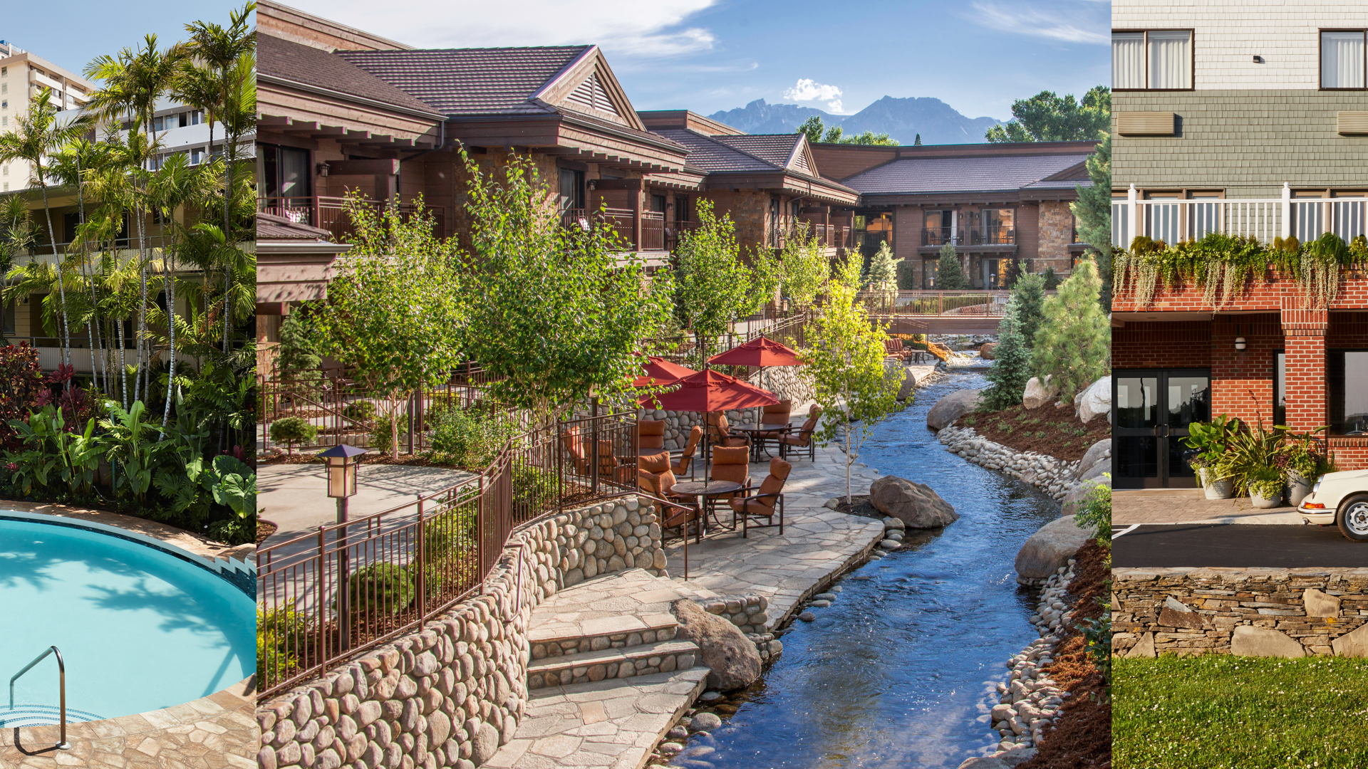 This image shows three different scenic locations: a pool area, a river with outdoor seating, and a building with a parked car.