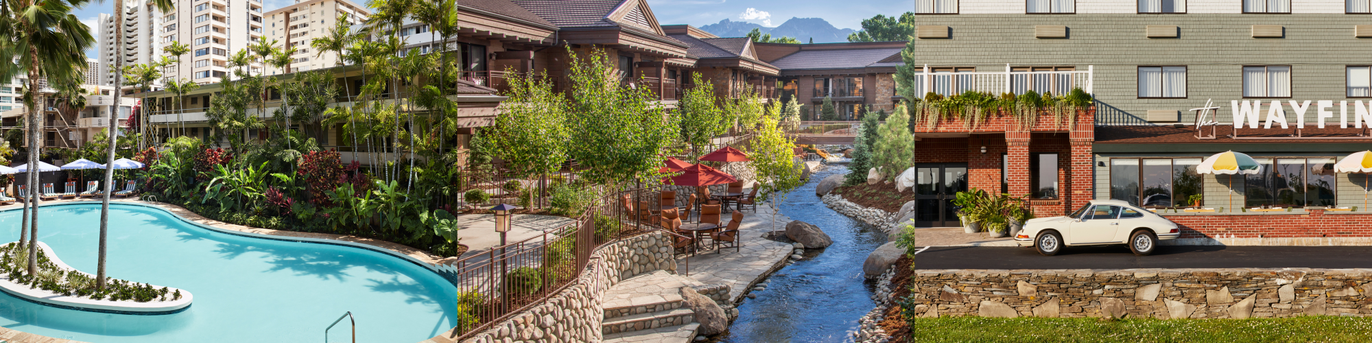 This image shows three different scenic locations: a pool area, a river with outdoor seating, and a building with a parked car.