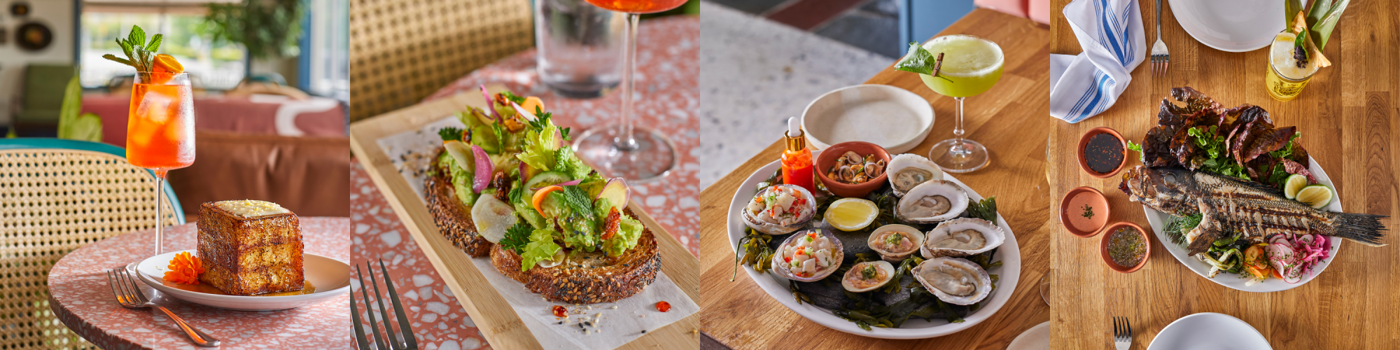 The image shows a spread of dishes including toast, seafood platter, grilled fish, and cocktails, elegantly presented on restaurant tables.