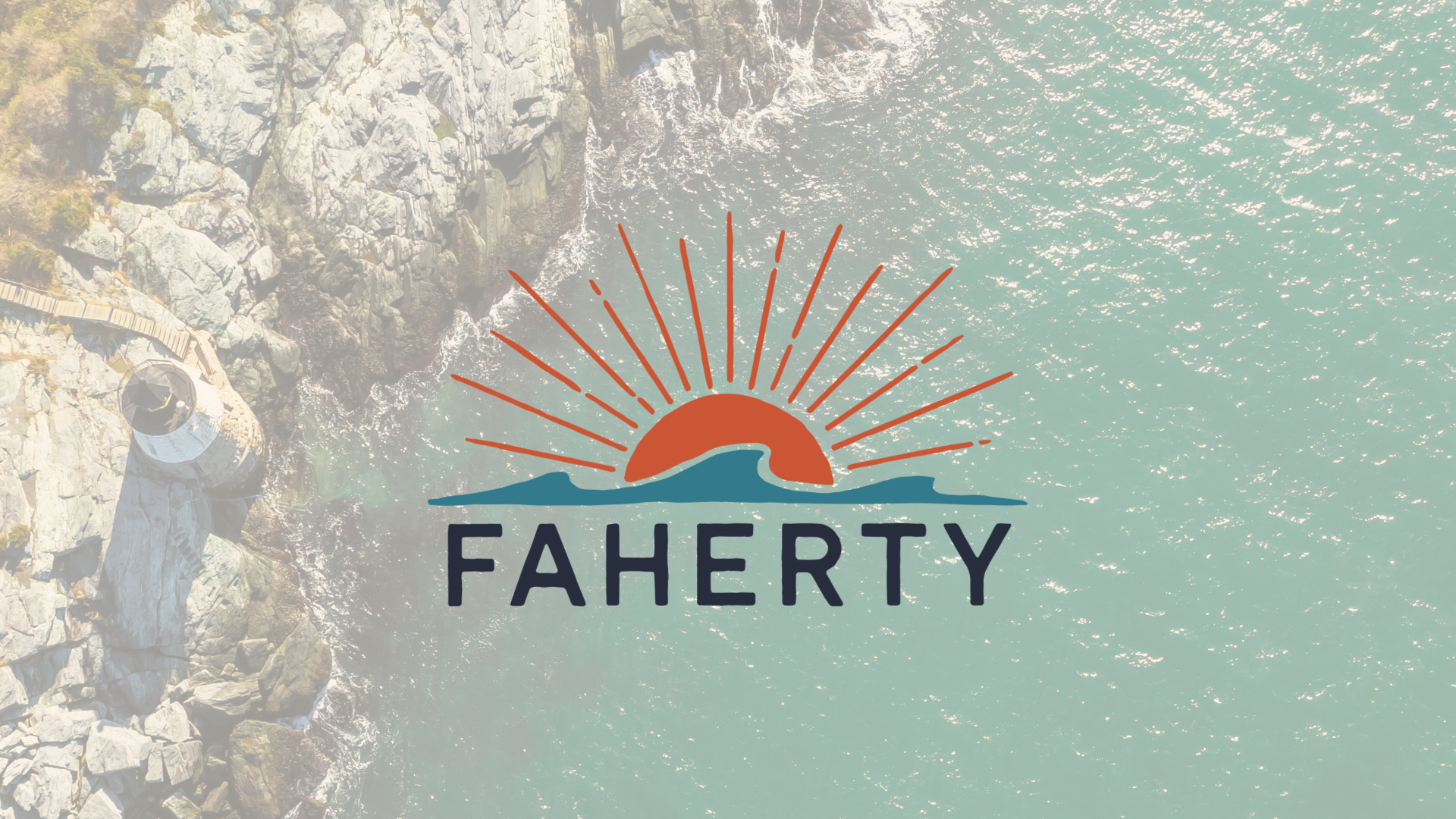 The image shows a rocky coastline and the sea, with the "Faherty" logo featuring a sun over waves in the center.
