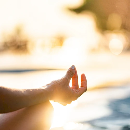 A person is meditating outdoors with a focused hand gesture, surrounded by a bright, blurred background in warm sunlight.