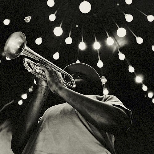 A person plays the trumpet under a canopy of hanging lights, creating a dramatic and artistic atmosphere.