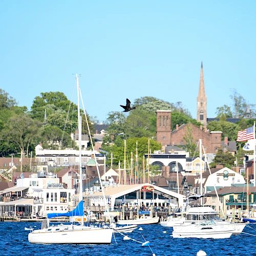 A picturesque harbor scene with sailboats on the water and a town with a church and trees in the background under a clear blue sky.