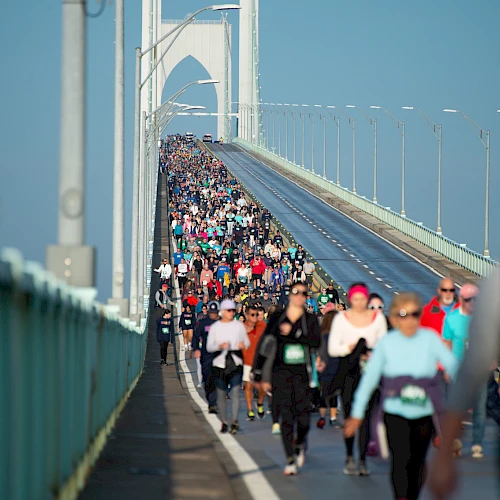 A large group of people is participating in a walking or running event on a bridge under clear skies.