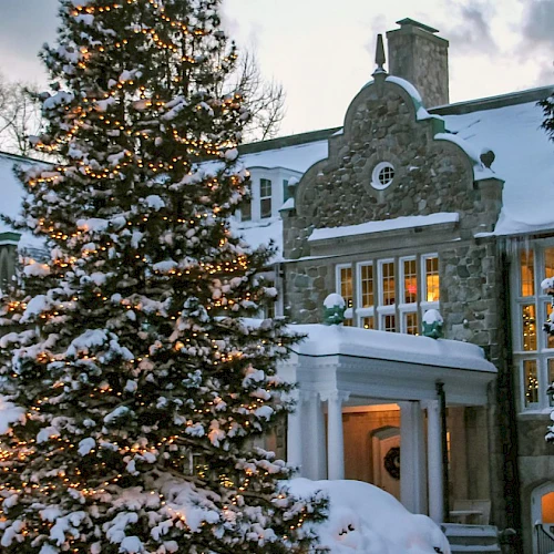 A snow-covered, festive house with a decorated Christmas tree and twinkling lights in a winter setting, creating a cozy holiday atmosphere.