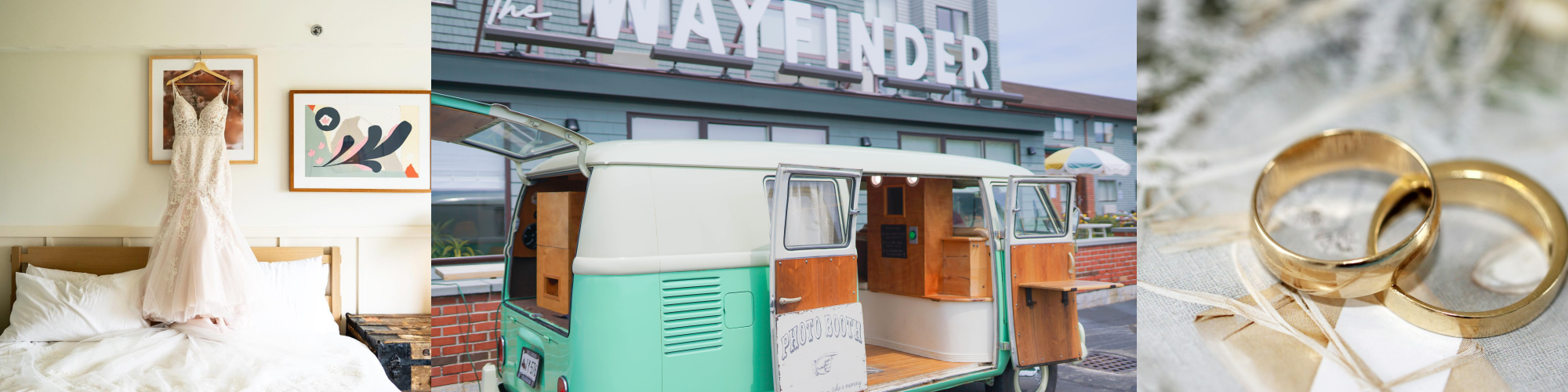 A wedding dress on a bed, a vintage van outside "The Wayfinder," and two gold rings on a decorative surface.
